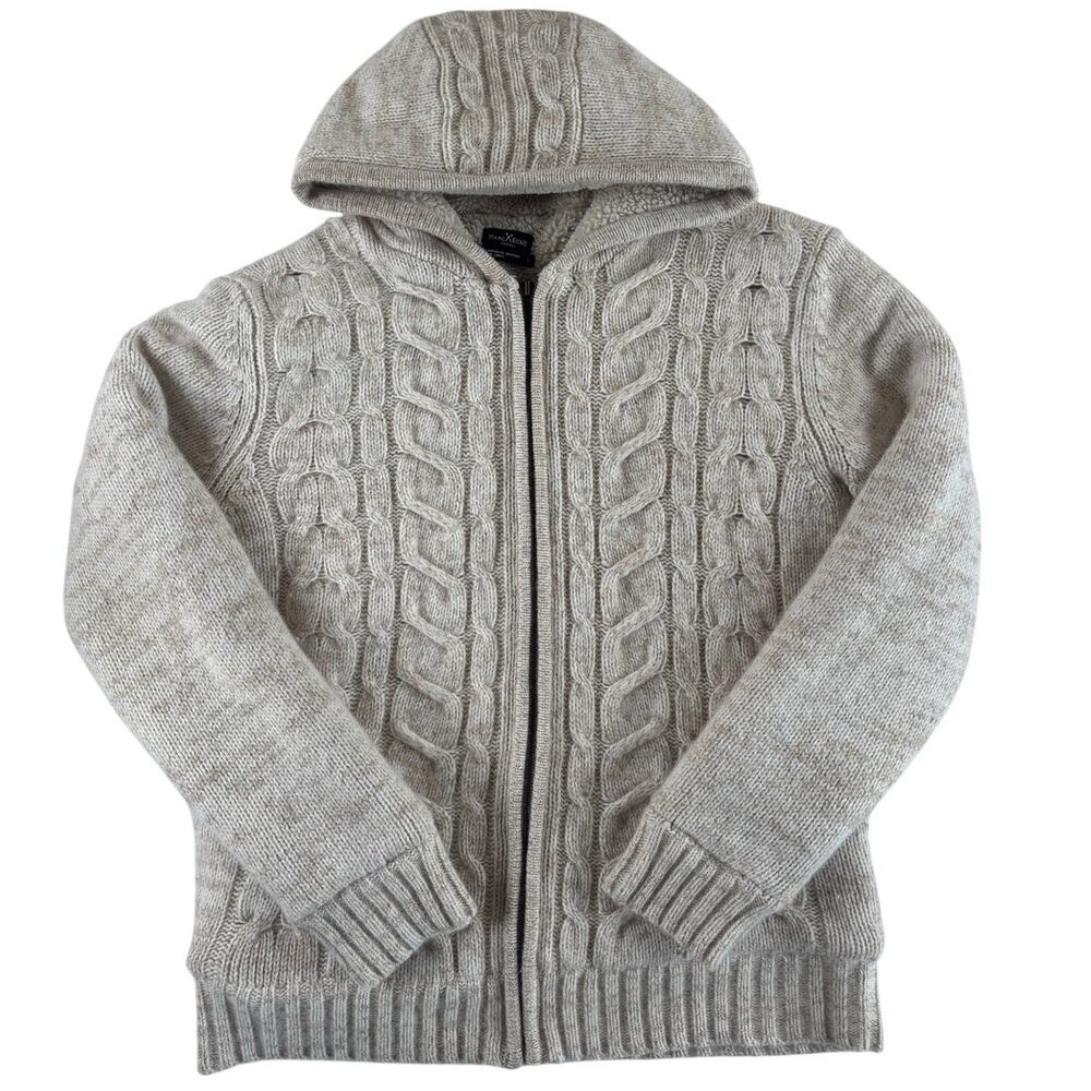 Vintage Marc Ecko Mens Hooded Zip Up Sweater Jacket 80% Lambswool - Tan - Large